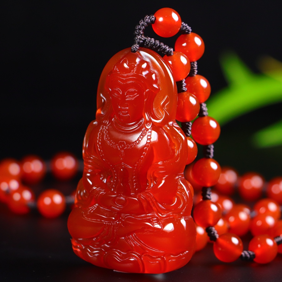 Natural icy red agate Guanyin Bodhisattva pendant