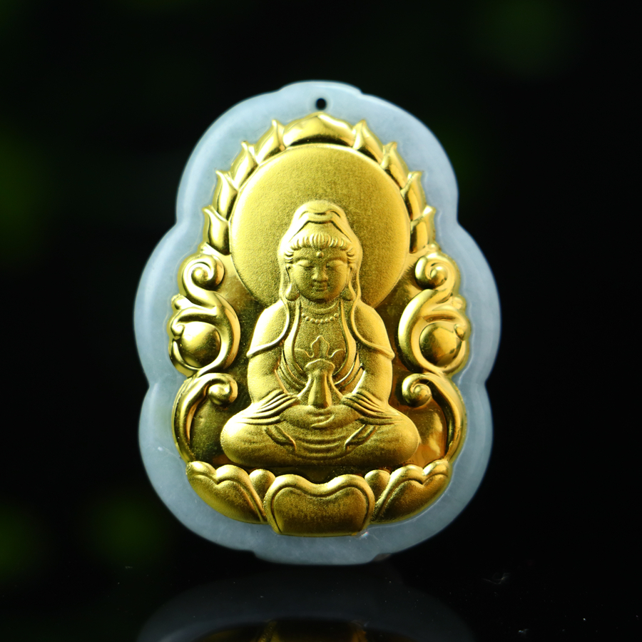 Pure gold Guanyin pendant inlaid with jade
