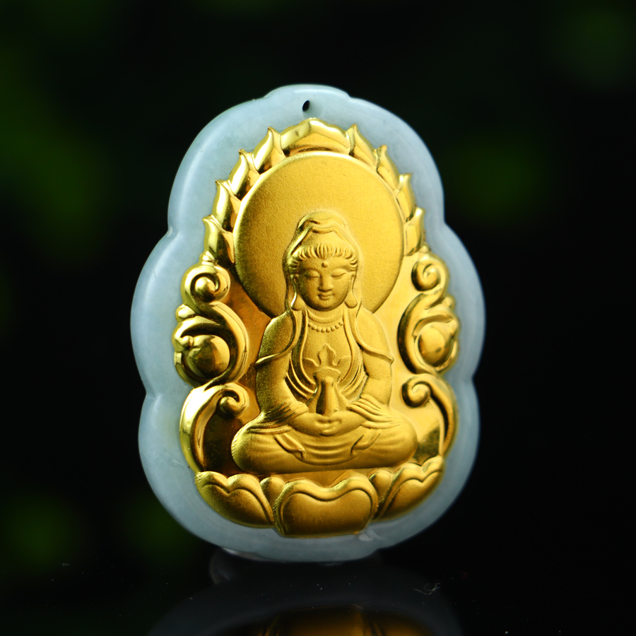 Pure gold Guanyin pendant inlaid with jade - 图片 2