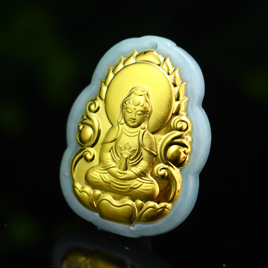 Pure gold Guanyin pendant inlaid with jade - 图片 3