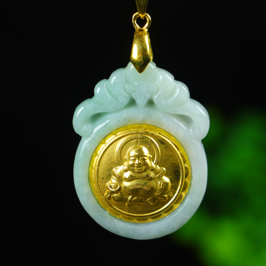 Pure gold Maitreya Buddha pendant inlaid with jade