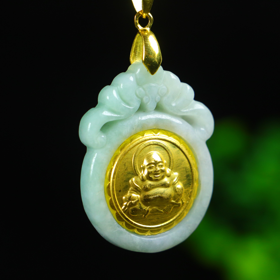Pure gold Maitreya Buddha pendant inlaid with jade - 图片 3