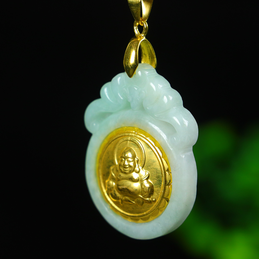 Pure gold Maitreya Buddha pendant inlaid with jade - 图片 4