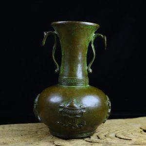 Old collection, suspected copper base double-ear eight-treasure ruyi-shaped vase ornament