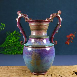 Old collection: Jun ware glaze-changing green and yellow double dragon-ear vase ornament