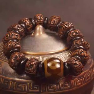 Big Golden Buddha Seed Triple-Eye Tassel Beaded Bracelet with Double Dragon Pattern in 5 or 6 Rings for Men and Women Buddhist Beaded Bracelet