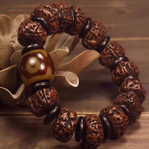 Big Golden Buddha Seed Triple-Eye Tassel Beaded Bracelet with Double Dragon Pattern in 5 or 6 Rings for Men and Women Buddhist Beaded Bracelet